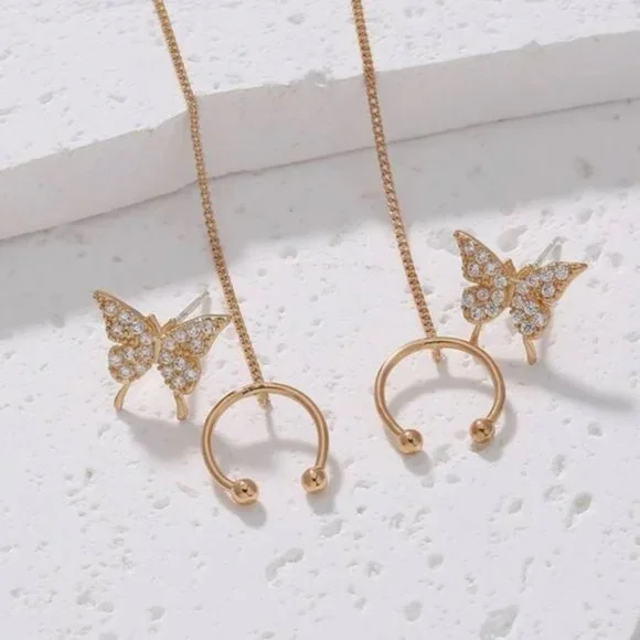 2pcs Cubic Zirconia Butterfly Decor Chain Linked Earring Yellow Gold Jewelry - Picture 6 of 6